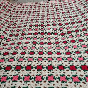 Handmade Crochet Blanket Granny Square Afghan Throw Pink Red Green‎ Queen Size